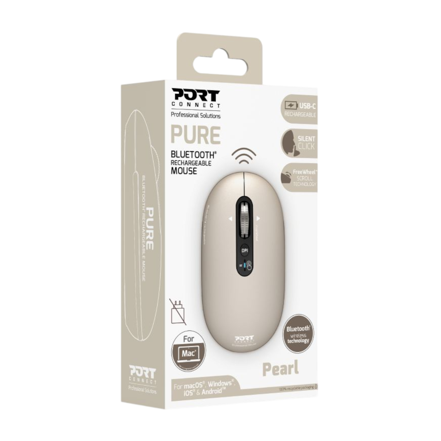 Port Connect PURE MAC Rechargeable Wireless and Bluetooth Mouse - Pearl - Image 4