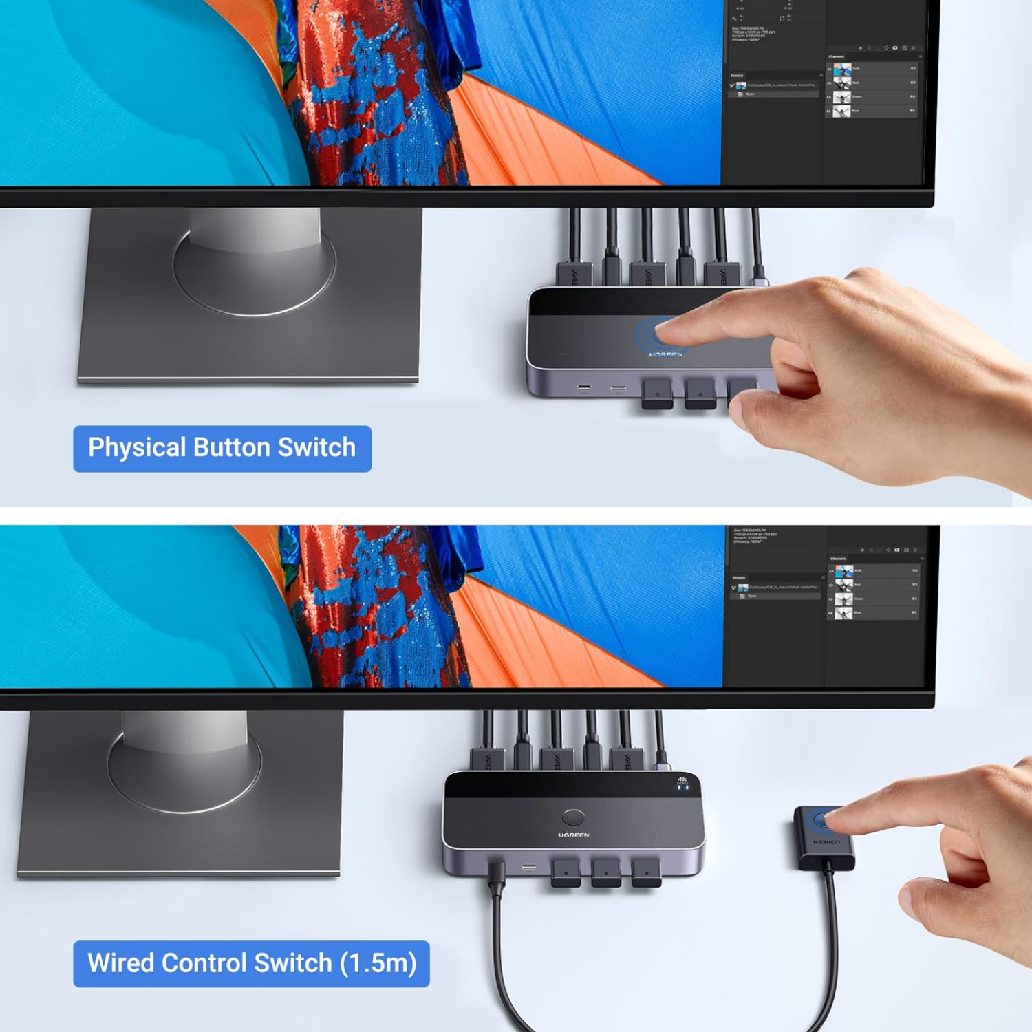 UGREEN 4K@60Hz HDMI KVM Switch (2 In 1 Out)-Grey - Image 3