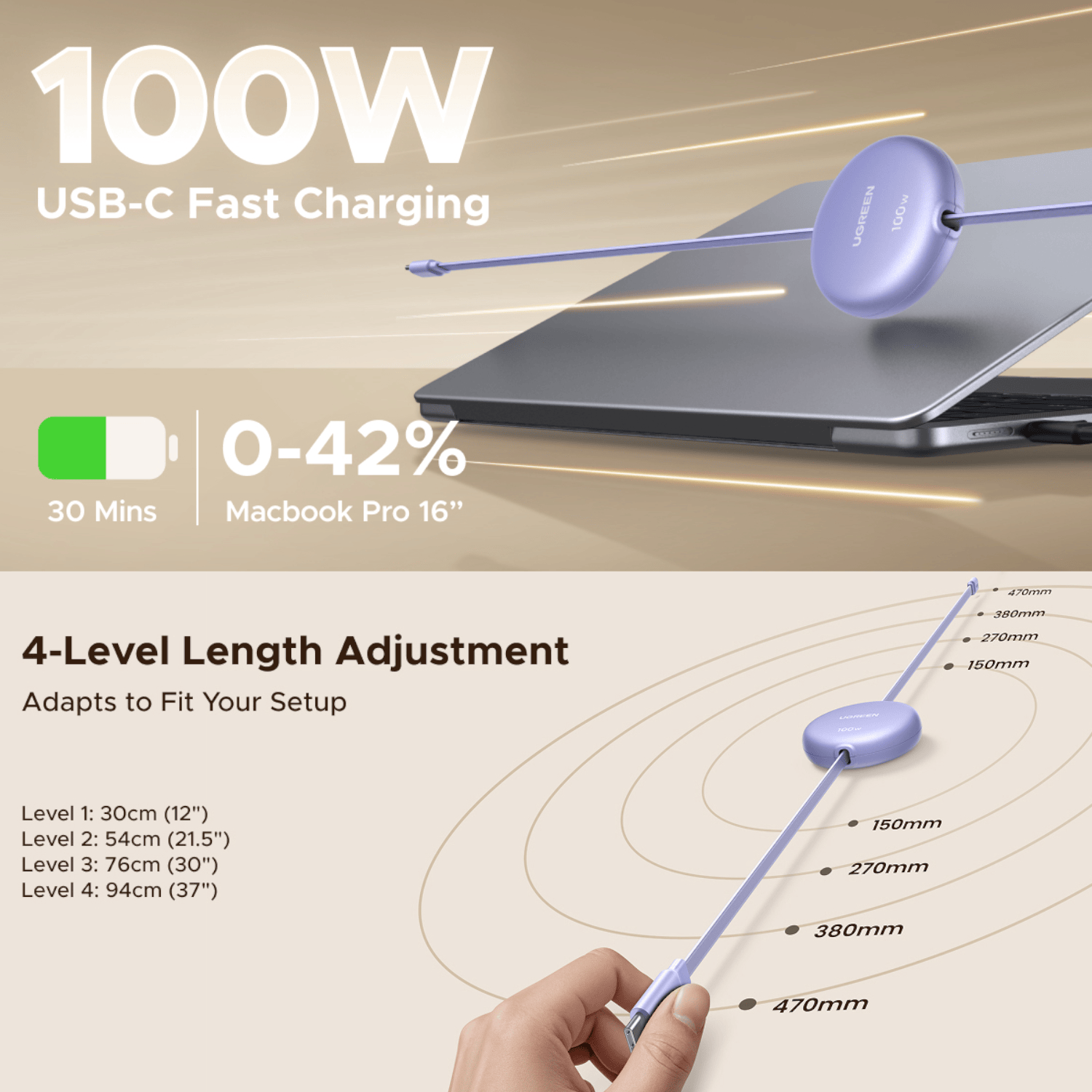 UGREEN 100W Fast Charging Retractable USB Type-C Cable 1M - Purple - Image 3